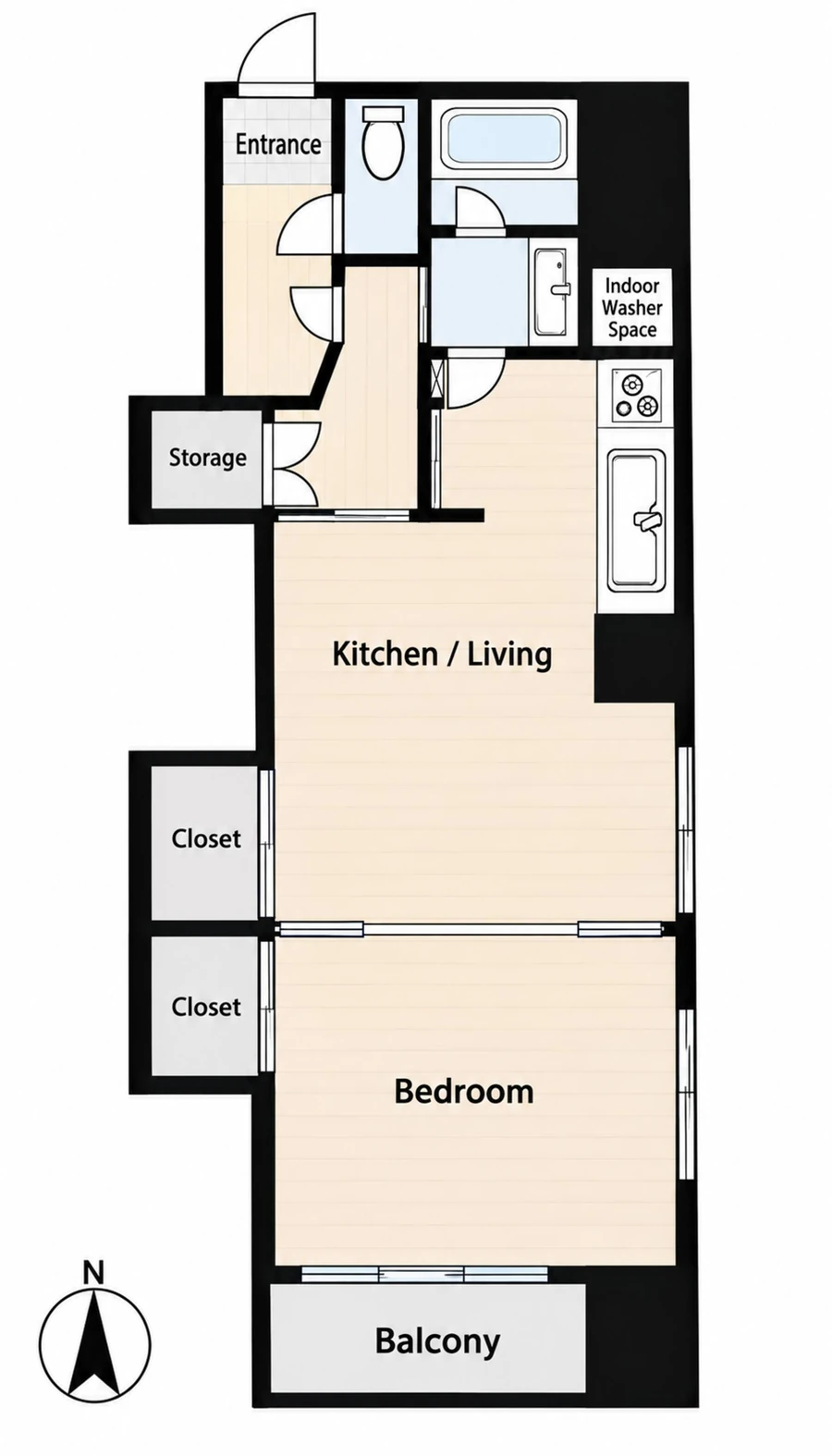 Floor plan of Gotanda Riverside Inn: entrance, toilet, bathroom, kitchen and living room, bedroom and balcony